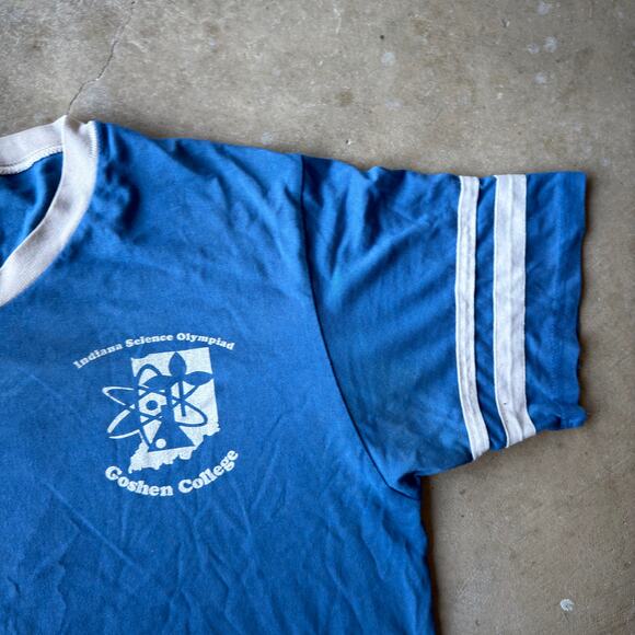 VINTAGE 90S SCIENCE OLYMPAID GOSHEN COLLEGE RINGER T-SHIRT GRAPHIC MENS LARGE - Picture 1 of 5